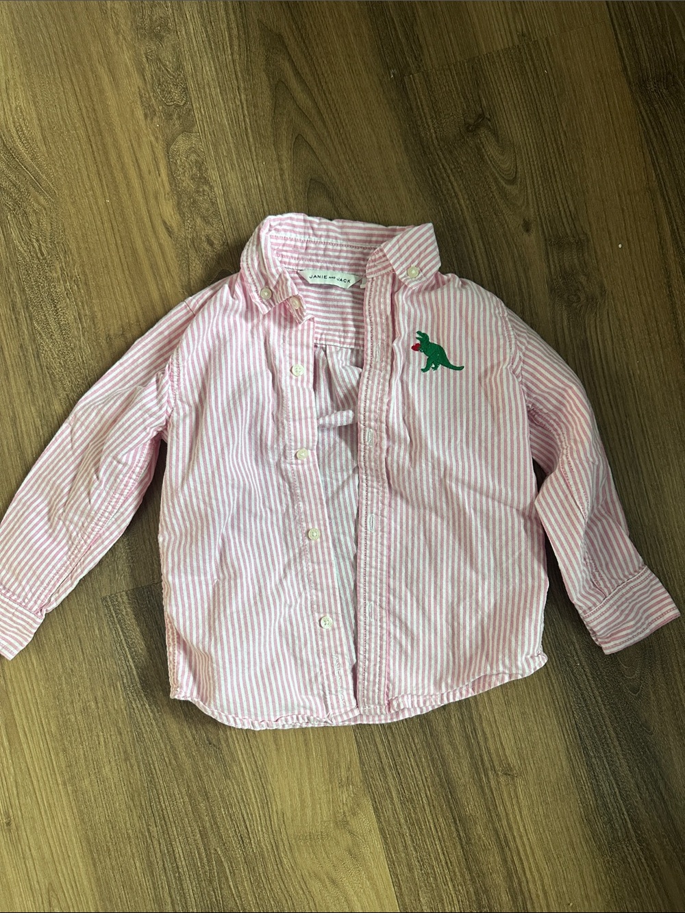 Janie and Jack Pink Stripe Button-Down Shirt with Embroidered Dino size 3